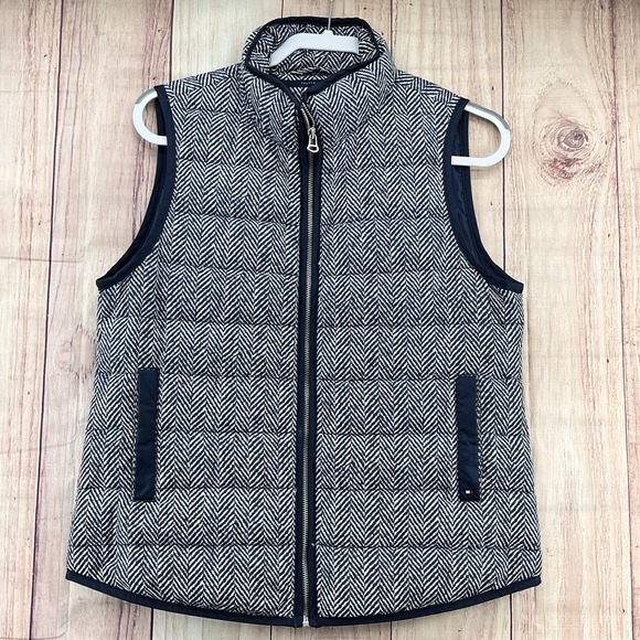 Tommy Hilfiger Quilted Down Puffer Coat Vest Sz‎ M Blue Herringbone Full Zip - Picture 1 of 8